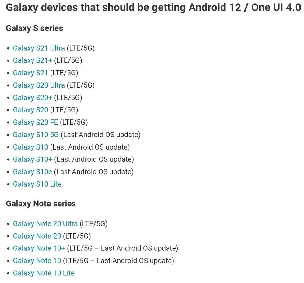 Galaxy devices that will be eligible for the One UI 4.0 (Android