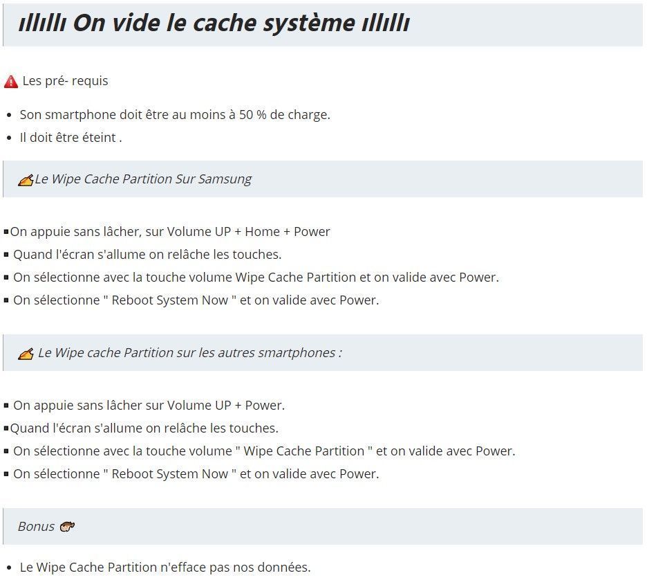 Wipe cache partition selon l'appareil