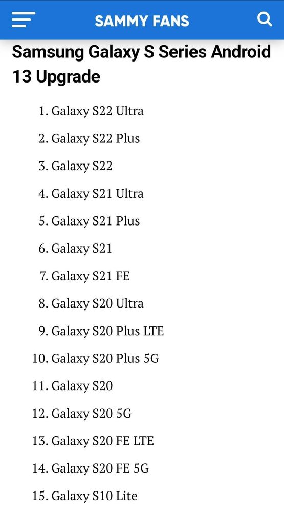 Galaxy S Series list update Android 13 - Samsung Members