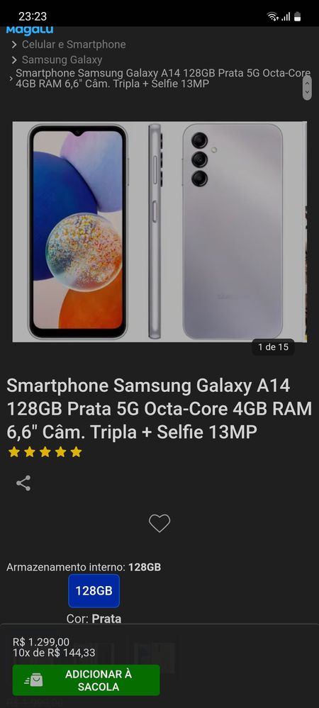 Smartphone Samsung Galaxy A14, 5G, 128GB, Prata