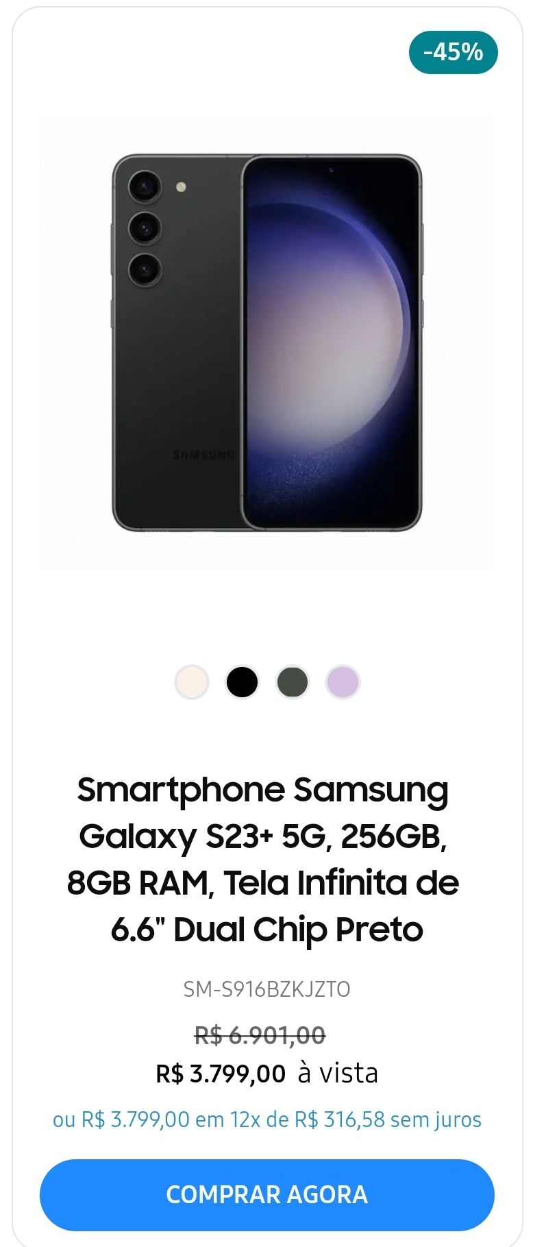 Compare o preço do Samsung Galaxy S23 256GB 5G 8GB - Preto