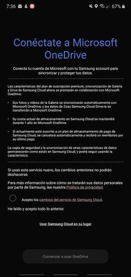 Lo que se ve al vincular su cuenta de Microsoft para remplazar Samsung Cloud con Microsoft OneDrive.