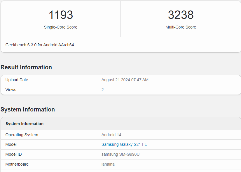 Benchmark del S21 FE con Android 14/One UI 6.1
